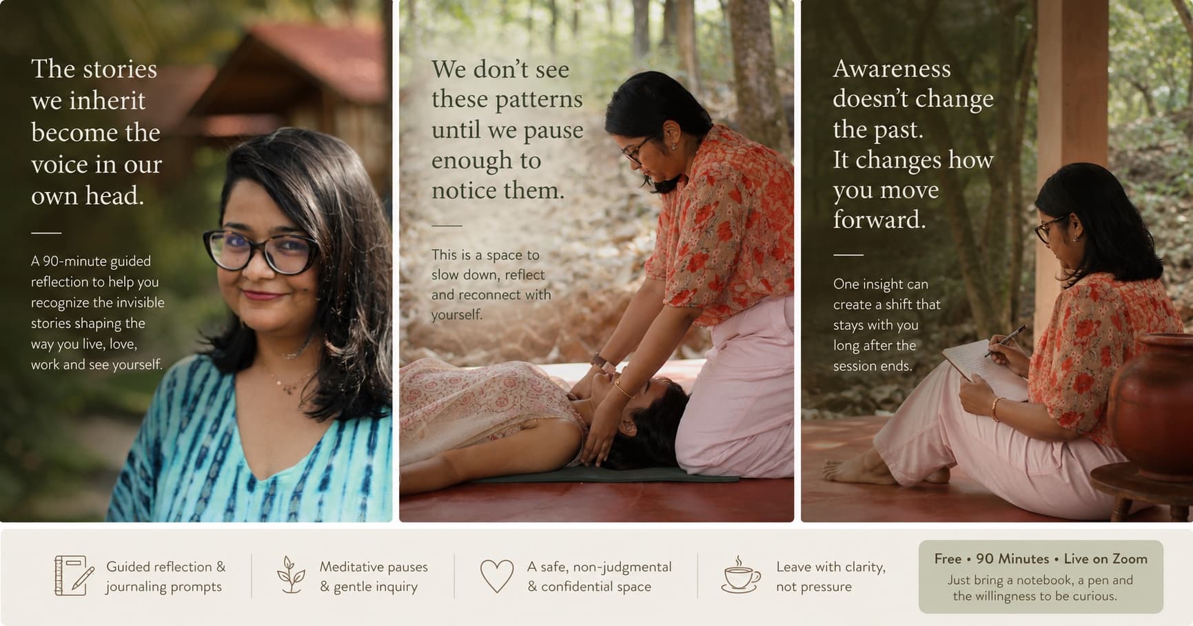 The invisible stories running our lives — a 90-minute guided reflection with Anuradha Ghosh. Guided reflection and journaling prompts, meditative pauses and gentle inquiry, in a safe, non-judgmental and confidential space. Free, 90 minutes, live on Zoom.